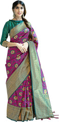 SMSAREE Pink Designer Wedding Partywear Tanchui Art Silk Hand Embroidery Work Bridal Saree Sari With Blouse Piece YNF-29779