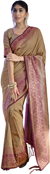 SMSAREE Gold Designer Wedding Partywear Tanchui Art Silk Hand Embroidery Work Bridal Saree Sari With Blouse Piece YNF-29781