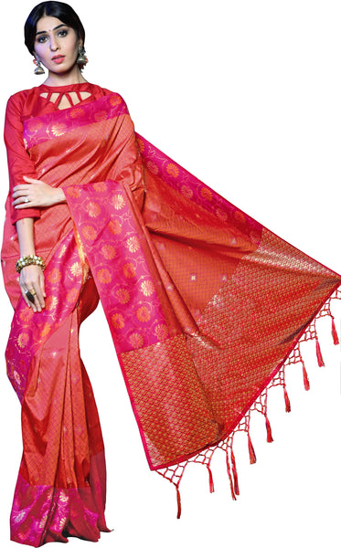 SMSAREE Orange Designer Wedding Partywear Tanchui Art Silk Hand Embroidery Work Bridal Saree Sari With Blouse Piece YNF-29782