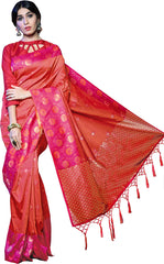 SMSAREE Orange Designer Wedding Partywear Tanchui Art Silk Hand Embroidery Work Bridal Saree Sari With Blouse Piece YNF-29782