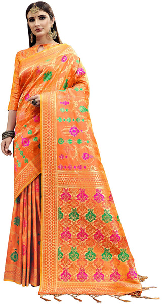 SMSAREE Orange Designer Wedding Partywear Banarasi Art Silk Hand Embroidery Work Bridal Saree Sari With Blouse Piece YNF-29793