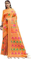 SMSAREE Orange Designer Wedding Partywear Banarasi Art Silk Hand Embroidery Work Bridal Saree Sari With Blouse Piece YNF-29793
