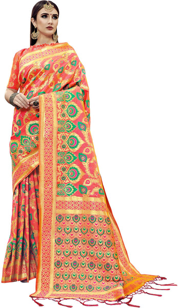 SMSAREE Coral Designer Wedding Partywear Banarasi Art Silk Hand Embroidery Work Bridal Saree Sari With Blouse Piece YNF-29794