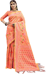 SMSAREE Pink Designer Wedding Partywear Banarasi Art Silk Hand Embroidery Work Bridal Saree Sari With Blouse Piece YNF-29795
