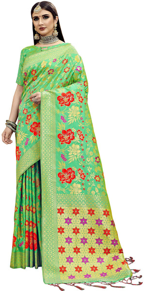 SMSAREE Sea Green Designer Wedding Partywear Banarasi Art Silk Hand Embroidery Work Bridal Saree Sari With Blouse Piece YNF-29796