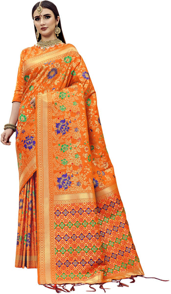 SMSAREE Orange Designer Wedding Partywear Banarasi Art Silk Hand Embroidery Work Bridal Saree Sari With Blouse Piece YNF-29799