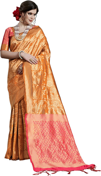 SMSAREE Mustard Designer Wedding Partywear Kanjeevaram Art Silk Hand Embroidery Work Bridal Saree Sari With Blouse Piece YNF-29801
