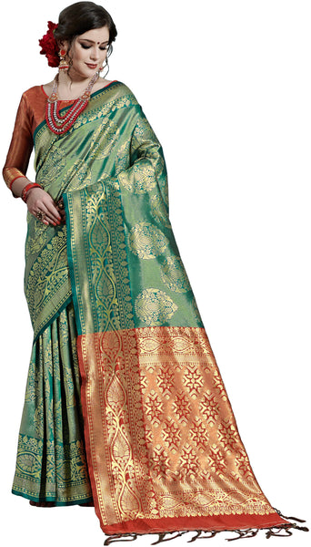 SMSAREE Green Designer Wedding Partywear Kanjeevaram Art Silk Hand Embroidery Work Bridal Saree Sari With Blouse Piece YNF-29805