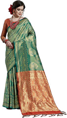 SMSAREE Green Designer Wedding Partywear Kanjeevaram Art Silk Hand Embroidery Work Bridal Saree Sari With Blouse Piece YNF-29805