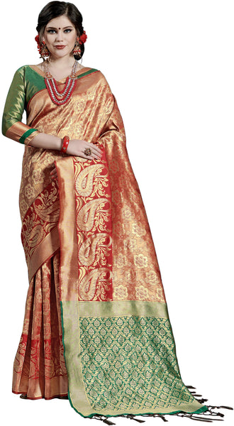 SMSAREE Red Designer Wedding Partywear Kanjeevaram Art Silk Hand Embroidery Work Bridal Saree Sari With Blouse Piece YNF-29806