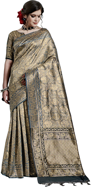 SMSAREE Grey Designer Wedding Partywear Kanjeevaram Art Silk Hand Embroidery Work Bridal Saree Sari With Blouse Piece YNF-29807
