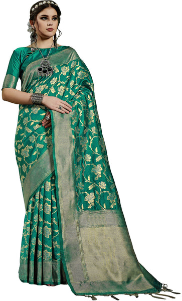 SMSAREE Green Designer Wedding Partywear Kanjeevaram Art Silk Hand Embroidery Work Bridal Saree Sari With Blouse Piece YNF-29819