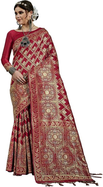 SMSAREE Maroon Designer Wedding Partywear Kanjeevaram Art Silk Hand Embroidery Work Bridal Saree Sari With Blouse Piece YNF-29820