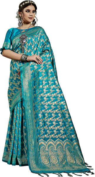 SMSAREE Turquoise Designer Wedding Partywear Kanjeevaram Art Silk Hand Embroidery Work Bridal Saree Sari With Blouse Piece YNF-29823