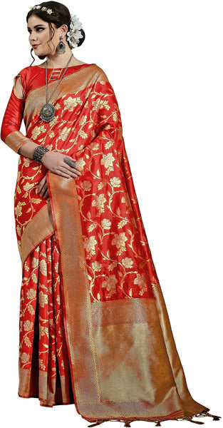 SMSAREE Red Designer Wedding Partywear Kanjeevaram Art Silk Hand Embroidery Work Bridal Saree Sari With Blouse Piece YNF-29825