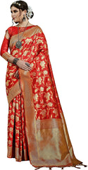 SMSAREE Red Designer Wedding Partywear Kanjeevaram Art Silk Hand Embroidery Work Bridal Saree Sari With Blouse Piece YNF-29825