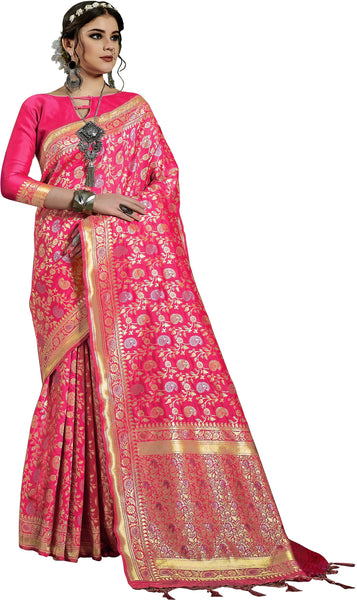 SMSAREE Pink Designer Wedding Partywear Kanjeevaram Art Silk Hand Embroidery Work Bridal Saree Sari With Blouse Piece YNF-29827