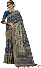 SMSAREE Navy Blue Designer Wedding Partywear Kanjeevaram Art Silk Hand Embroidery Work Bridal Saree Sari With Blouse Piece YNF-29828