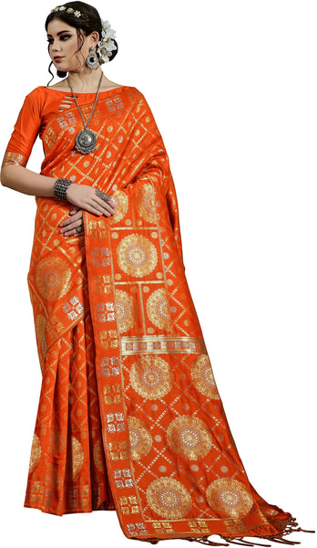 SMSAREE Orange Designer Wedding Partywear Kanjeevaram Art Silk Hand Embroidery Work Bridal Saree Sari With Blouse Piece YNF-29830
