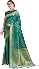 SMSAREE Teal Designer Wedding Partywear Banarasi Art Silk Hand Embroidery Work Bridal Saree Sari With Blouse Piece YNF-29864