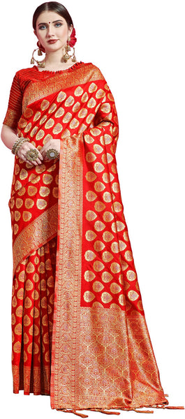 SMSAREE Red Designer Wedding Partywear Banarasi Art Silk Hand Embroidery Work Bridal Saree Sari With Blouse Piece YNF-29866