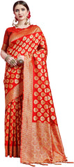 SMSAREE Red Designer Wedding Partywear Banarasi Art Silk Hand Embroidery Work Bridal Saree Sari With Blouse Piece YNF-29866