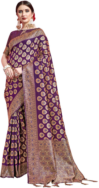 SMSAREE Burgundy Designer Wedding Partywear Banarasi Art Silk Hand Embroidery Work Bridal Saree Sari With Blouse Piece YNF-29867