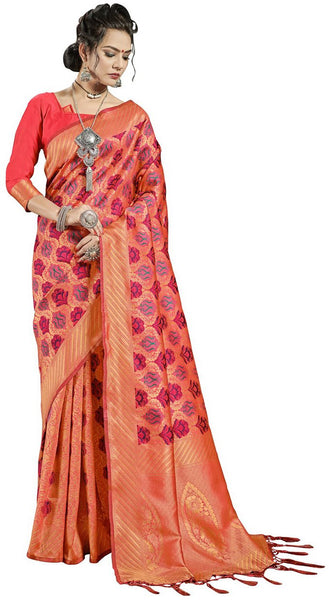 SMSAREE Coral Designer Wedding Partywear Banarasi Art Silk Hand Embroidery Work Bridal Saree Sari With Blouse Piece YNF-29912