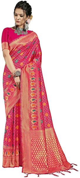 SMSAREE Pink Designer Wedding Partywear Banarasi Art Silk Hand Embroidery Work Bridal Saree Sari With Blouse Piece YNF-29915