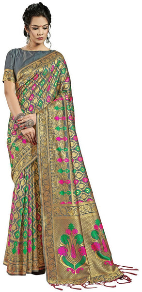 SMSAREE Grey Designer Wedding Partywear Banarasi Art Silk Hand Embroidery Work Bridal Saree Sari With Blouse Piece YNF-29917