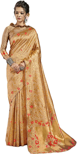 SMSAREE Gold Designer Wedding Partywear Banarasi Art Silk Hand Embroidery Work Bridal Saree Sari With Blouse Piece YNF-29918