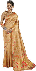 SMSAREE Gold Designer Wedding Partywear Banarasi Art Silk Hand Embroidery Work Bridal Saree Sari With Blouse Piece YNF-29918