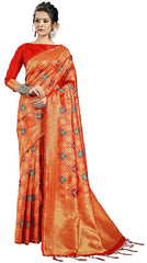 SMSAREE Red Designer Wedding Partywear Banarasi Art Silk Hand Embroidery Work Bridal Saree Sari With Blouse Piece YNF-29919