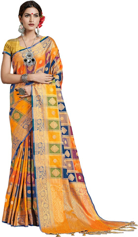 SMSAREE Multi Designer Wedding Partywear Uppada Art Silk Hand Embroidery Work Bridal Saree Sari With Blouse Piece YNF-29935