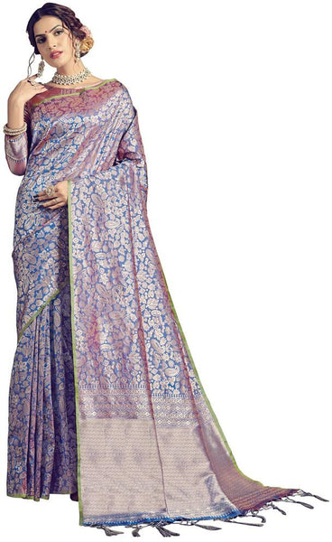 SMSAREE Turquoise Blue Designer Wedding Partywear Kanjeevaram Art Silk Hand Embroidery Work Bridal Saree Sari With Blouse Piece YNF-29939