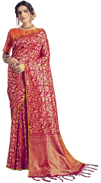 SMSAREE Magenta Designer Wedding Partywear Kanjeevaram Art Silk Hand Embroidery Work Bridal Saree Sari With Blouse Piece YNF-29941