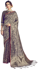 SMSAREE Navy Blue Designer Wedding Partywear Kanjeevaram Art Silk Hand Embroidery Work Bridal Saree Sari With Blouse Piece YNF-29942