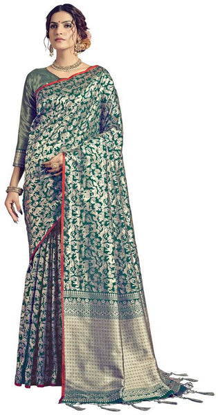 SMSAREE Green Designer Wedding Partywear Kanjeevaram Art Silk Hand Embroidery Work Bridal Saree Sari With Blouse Piece YNF-29944
