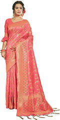SMSAREE Coral Designer Wedding Partywear Banarasi Art Silk Hand Embroidery Work Bridal Saree Sari With Blouse Piece YNF-29949