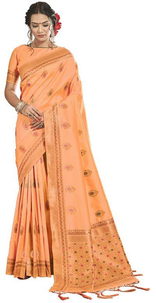 SMSAREE Peach Designer Wedding Partywear Banarasi Art Silk Hand Embroidery Work Bridal Saree Sari With Blouse Piece YNF-29950