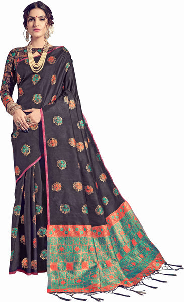 SMSAREE Black Designer Wedding Partywear Tussar Art Silk Hand Embroidery Work Bridal Saree Sari With Blouse Piece YNF-29956