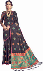 SMSAREE Black Designer Wedding Partywear Tussar Art Silk Hand Embroidery Work Bridal Saree Sari With Blouse Piece YNF-29956