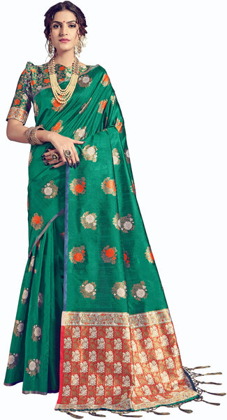 SMSAREE Green Designer Wedding Partywear Tussar Art Silk Hand Embroidery Work Bridal Saree Sari With Blouse Piece YNF-29957