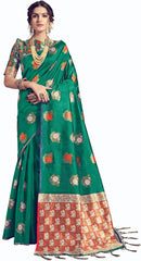 SMSAREE Green Designer Wedding Partywear Tussar Art Silk Hand Embroidery Work Bridal Saree Sari With Blouse Piece YNF-29957