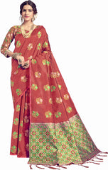 SMSAREE Coral Designer Wedding Partywear Tussar Art Silk Hand Embroidery Work Bridal Saree Sari With Blouse Piece YNF-29958