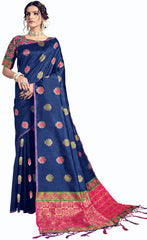 SMSAREE Blue Designer Wedding Partywear Tussar Art Silk Hand Embroidery Work Bridal Saree Sari With Blouse Piece YNF-29960