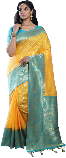 SMSAREE Yellow Designer Wedding Partywear Tussar Art Silk Hand Embroidery Work Bridal Saree Sari With Blouse Piece YNF-29964