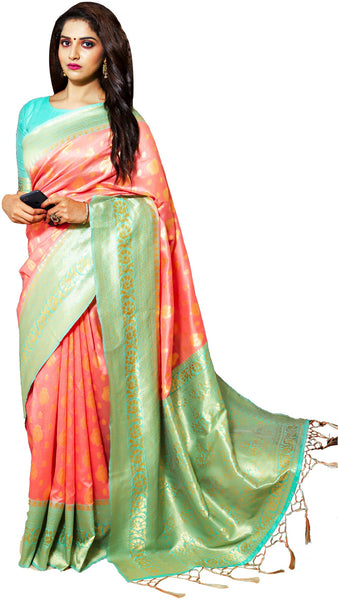 SMSAREE Peach Designer Wedding Partywear Tussar Art Silk Hand Embroidery Work Bridal Saree Sari With Blouse Piece YNF-29965