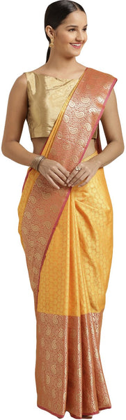 SMSAREE Mustard Designer Wedding Partywear Tanchui Art Silk Hand Embroidery Work Bridal Saree Sari With Blouse Piece YNF-29980