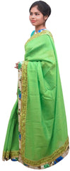 Green Designer Wedding Partywear Silk Zari Beads Cutdana Hand Embroidery Work Floral Printed Border Bridal Saree Sari E397